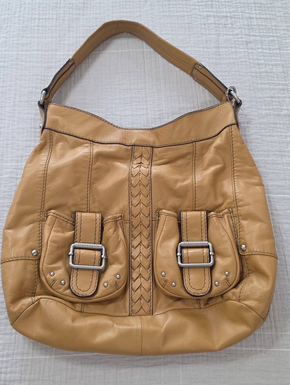 Tignanello Mustard Tan Leather Hobo Bag with Buckle Pockets